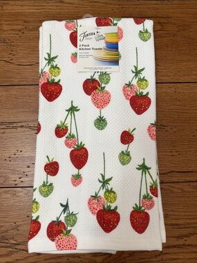 Fiesta Strawberry Pattern Kitchen Towels - White, Red, Pink, Green - 2 Pack